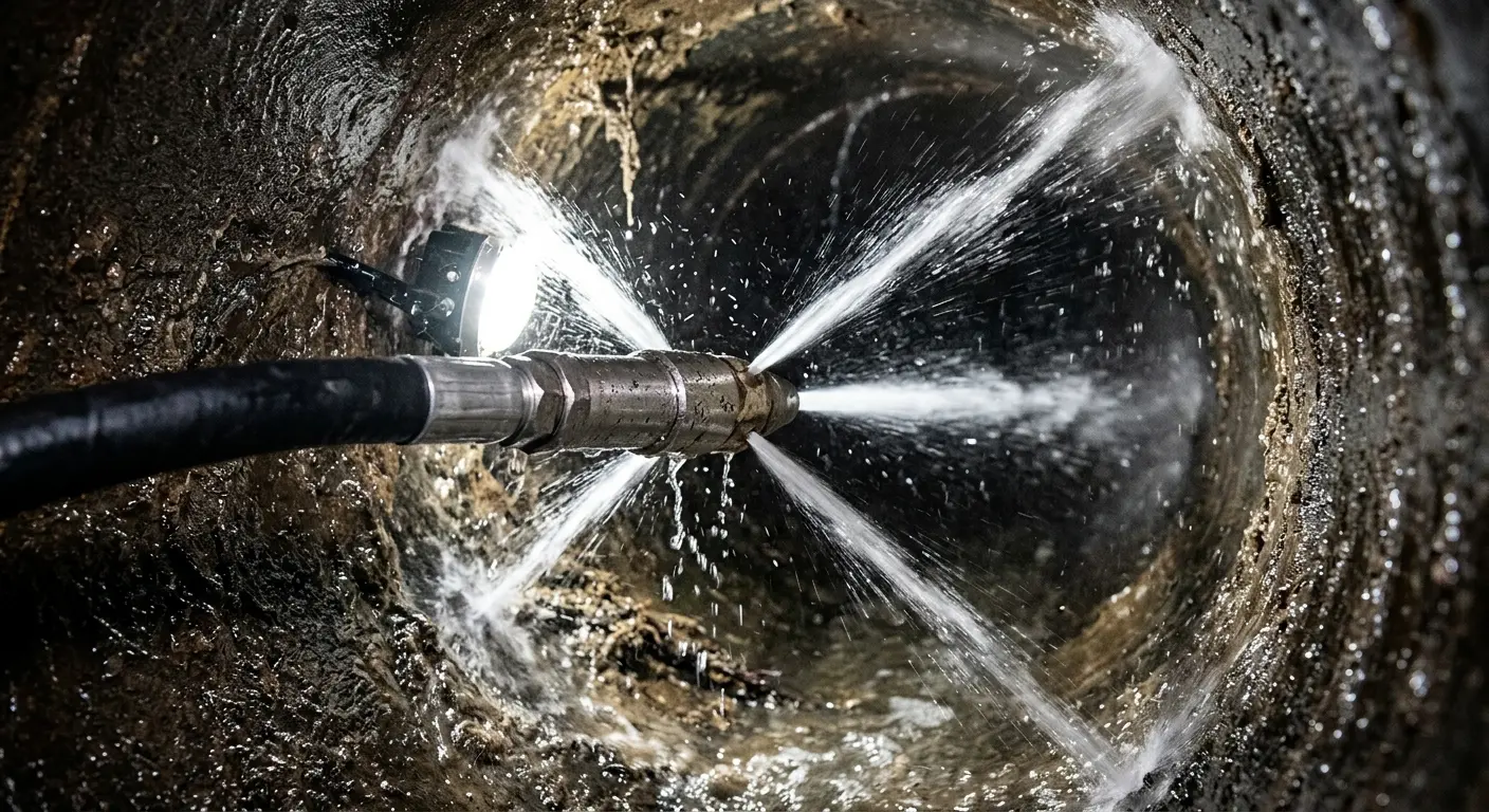 High-pressure hydro jetting nozzle cleaning sewer pipe for Sewer Line Relining in Cuyahoga Falls