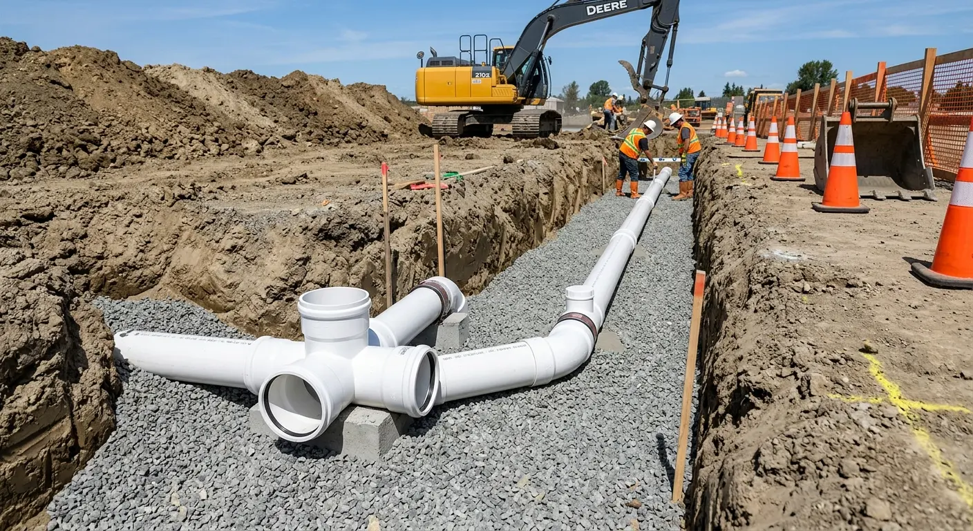 New PVC sewer pipe installation in open trench for Commercial Drain Cleaning in Cuyahoga Falls