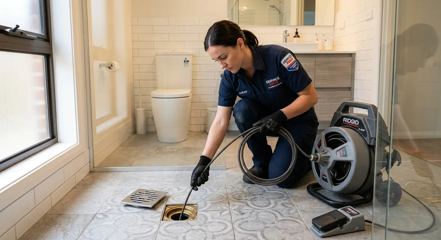 Technician clearing a bathroom floor drain for Clogged Drain Repair in Cuyahoga Falls